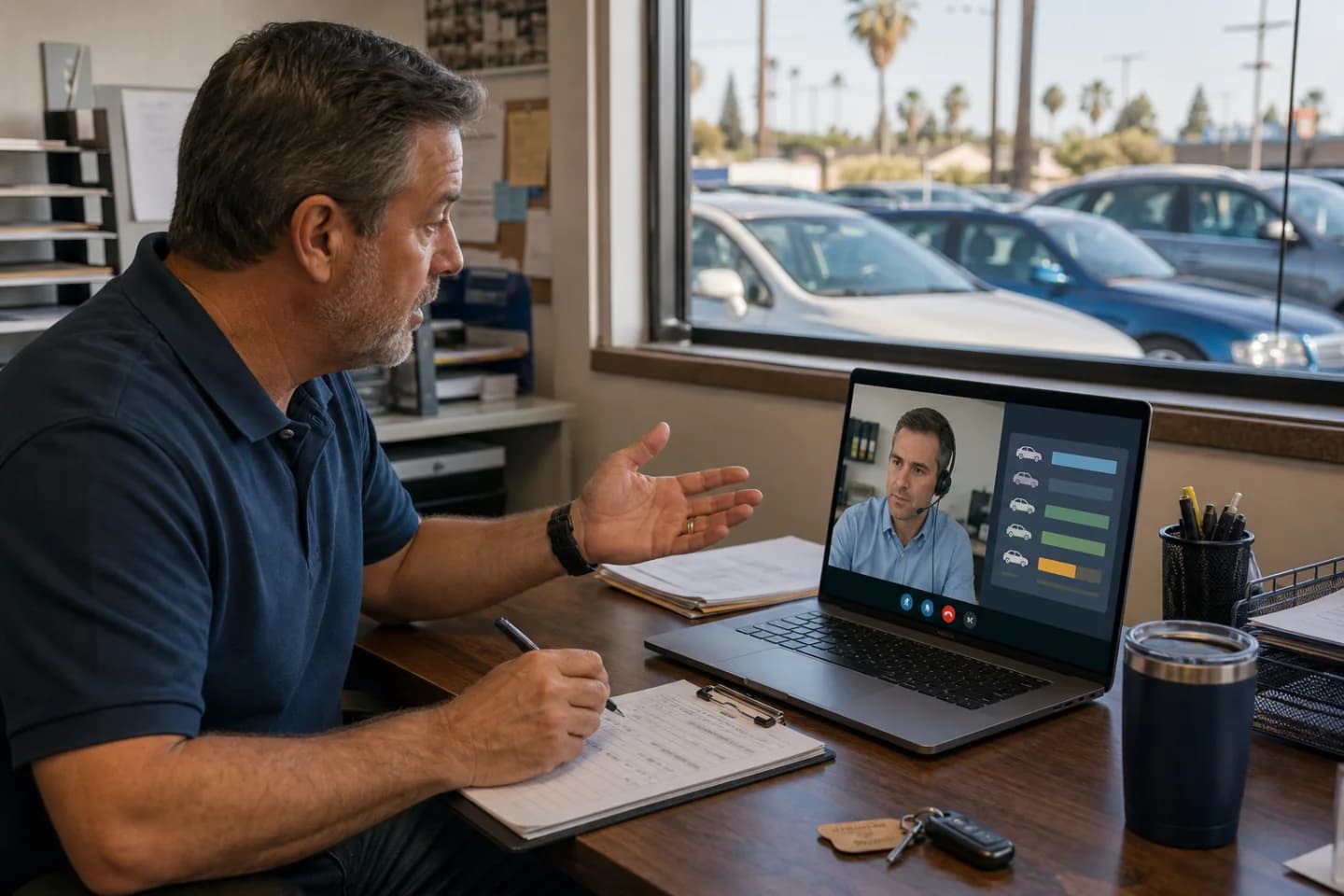 Illustrative scene of a dealership manager and remote operations specialist coordinating a vehicle queue.